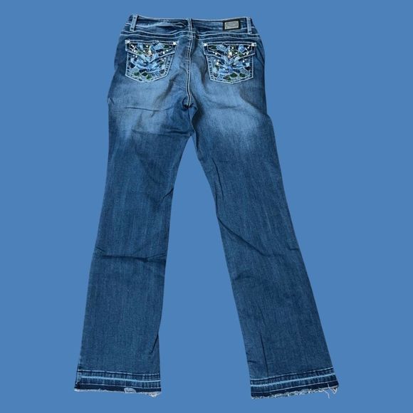 Earl Slim Bootcut Stretch Dark Wash Pocket Flap Embroidered Bedazzled Jeans 10 - Picture 3 of 5